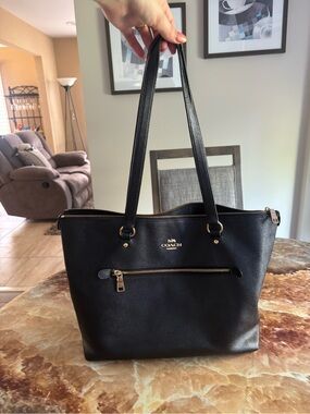 Coach Black Leather Tote with Gold Zipper